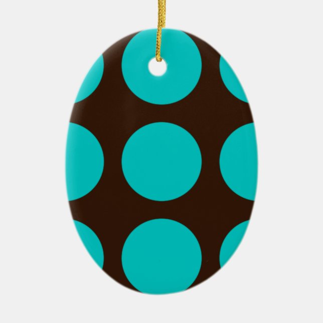 Teal Dots on Chocolate Brown Ceramic Ornament (Front)