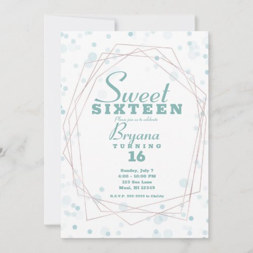 Teal Dots Rose Gold Geometric Modern Sweet 16  Invitation