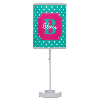 Teal Dots With Pink Frame Name And Initial Table Lamp by Jmariegarza at Zazzle