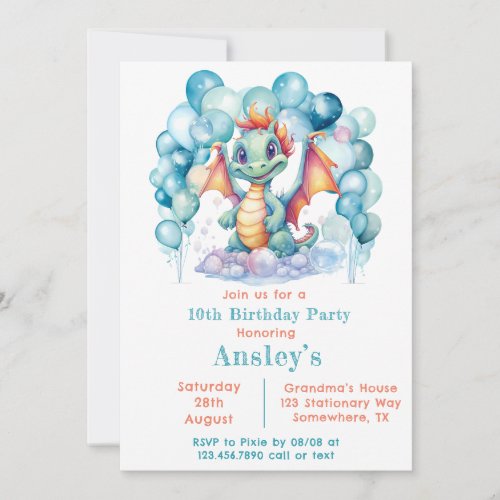 Teal Dragon and Balloon Arch Birthday Party Invitation