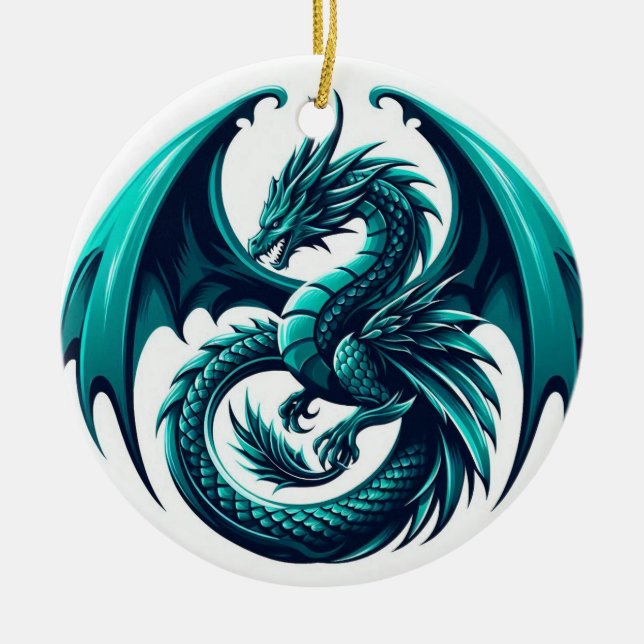 Teal Dragon Ceramic Ornament (Front)