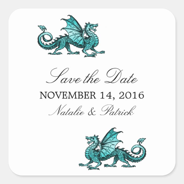Teal Dragon Save the Date Stickers (Front)
