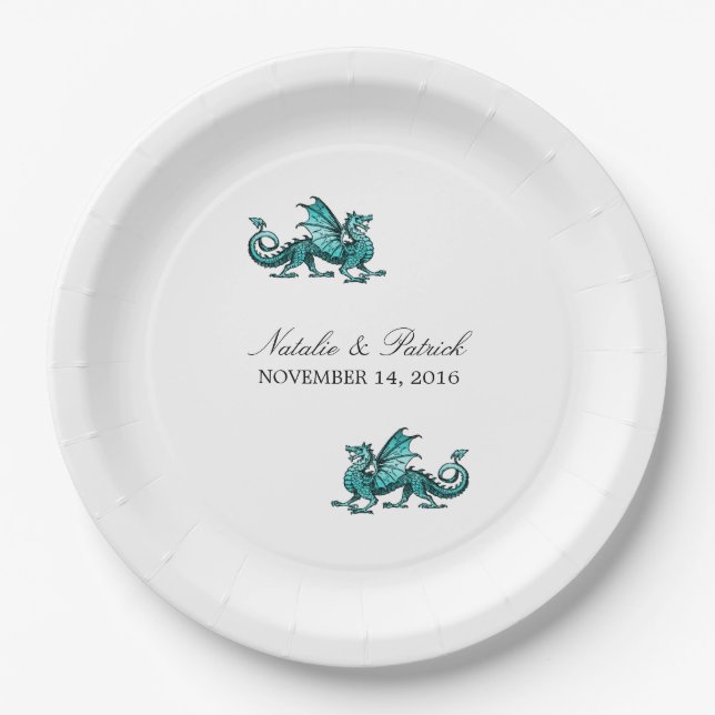 Teal Dragon Wedding Paper Plates (Front)