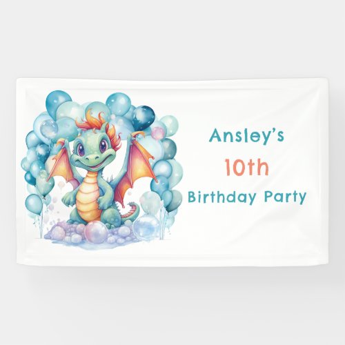 Teal Dragon with Balloon Arch Birthday Party Banner