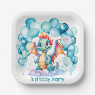 Teal Dragon with Balloon Arch Birthday Party Paper Plates