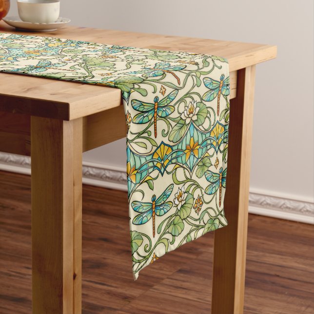 Teal Dragonfly Art Nouveau Botanical Illustration Short Table Runner (In Situ)
