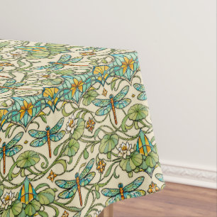 Teal Dragonfly Art Nouveau Botanical Illustration Tablecloth
