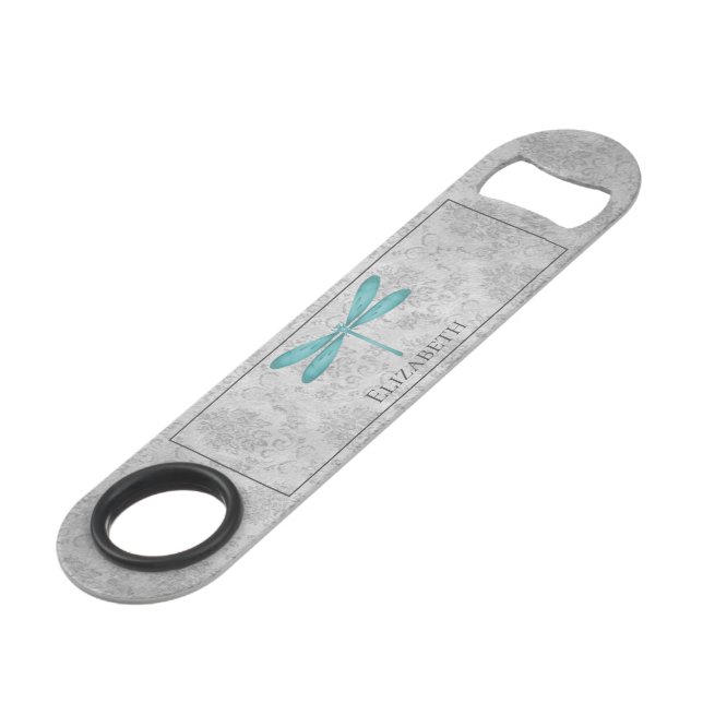 Teal Dragonfly Damask Bar Key (Front Angled)