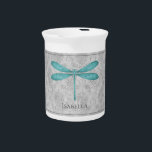 Teal Dragonfly Damask Beverage Pitcher<br><div class="desc">Serve your hot or cold beverages with this unique Teal Dragonfly Damask Personalized Porcelain Pitcher. Pitcher design features a colorful dragonfly against an elegant vintage gray damask pattern. Additional gift items available with this design as well as a variety of colors.</div>
