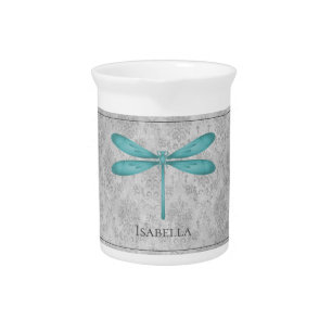 Teal Dragonfly Damask Beverage Pitcher
