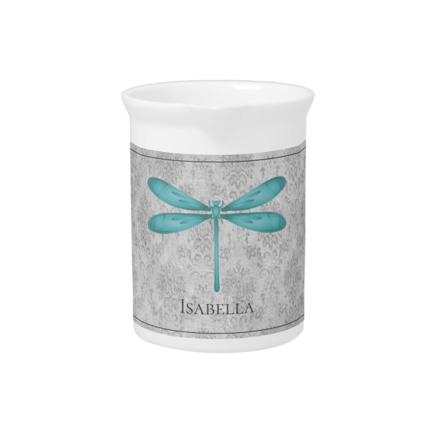 Teal Dragonfly Damask Beverage Pitcher (Front)