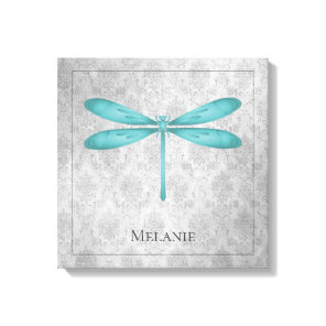 Teal Dragonfly Damask Canvas Print