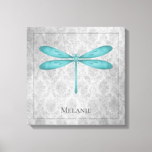 Teal Dragonfly Damask Canvas Print