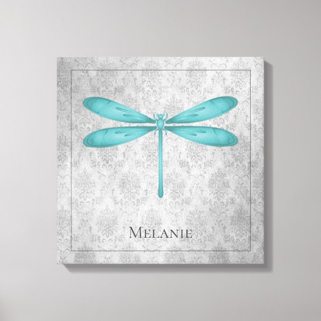 Teal Dragonfly Damask Canvas Print (Front)