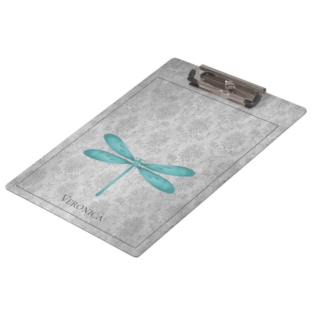 Teal Dragonfly Damask Clipboard (Angled)