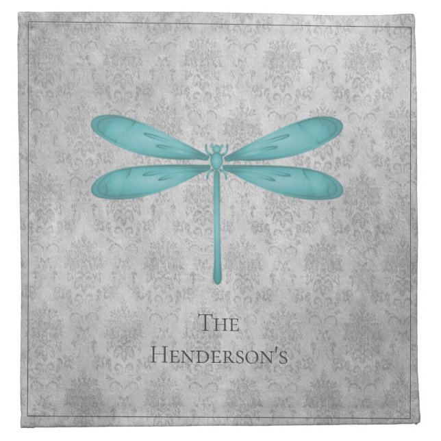 Teal Dragonfly Damask Cloth Napkin (Front)