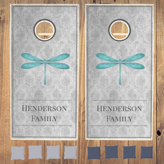 Teal Dragonfly Damask Cornhole Set (Teal Dragonfly Damask Cornhole Set)
