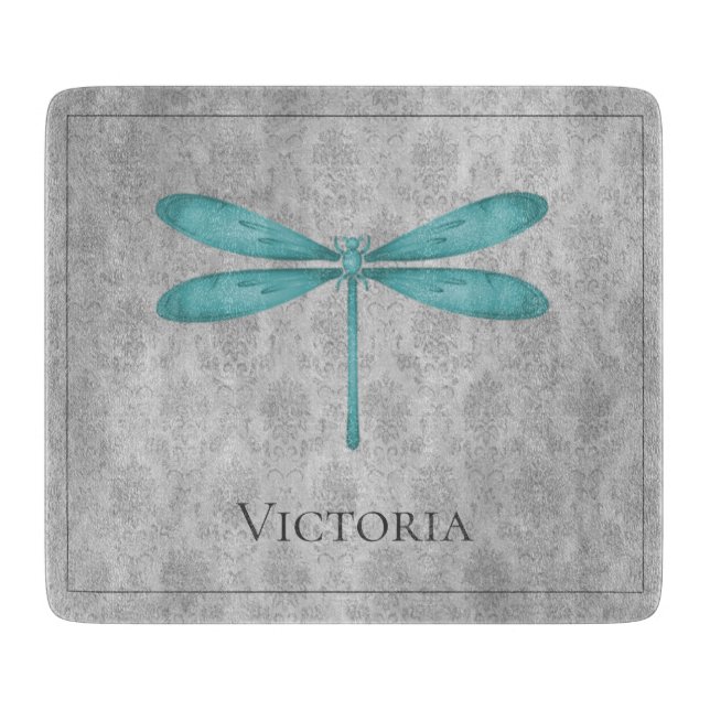 Teal Dragonfly Damask Cutting Board (Front)
