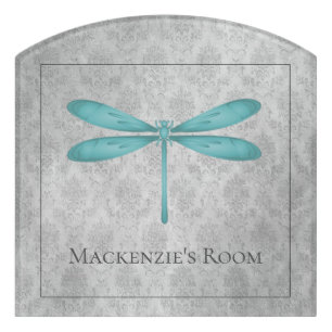 Teal Dragonfly Damask Door Sign