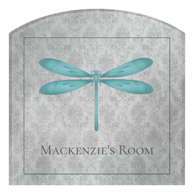 Teal Dragonfly Damask Door Sign (Contour Front)