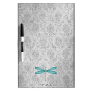 Teal Dragonfly Damask Dry Erase Board
