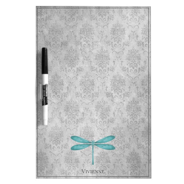 Teal Dragonfly Damask Dry Erase Board (Front)