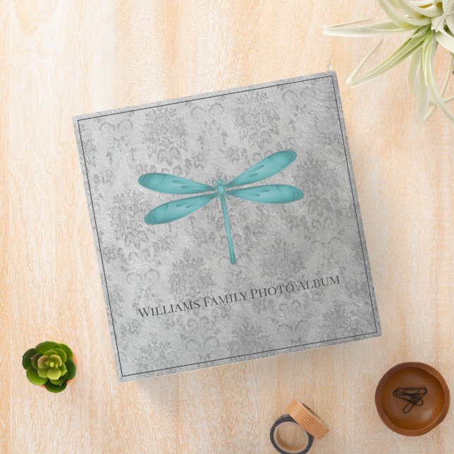 Teal Dragonfly Damask Family Photo Album 3 Ring Binder (In Situ)