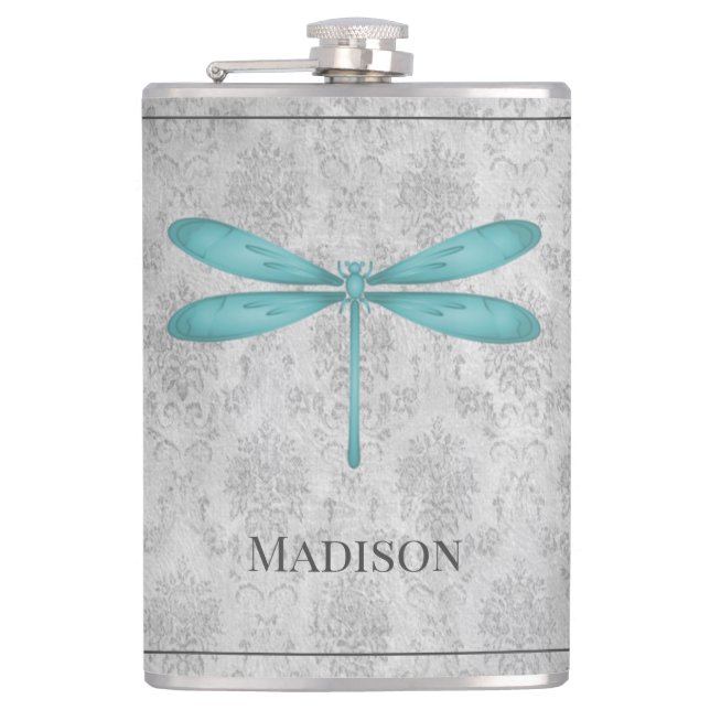 Teal Dragonfly Damask Flask (Front)