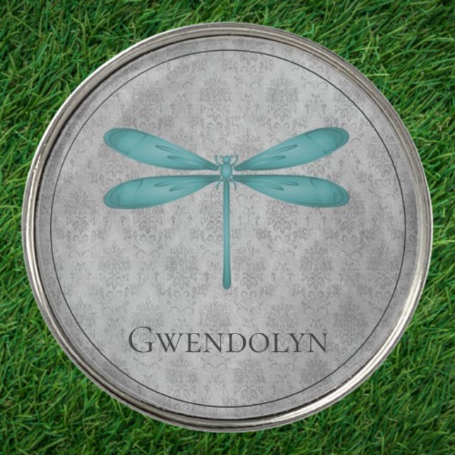 Teal Dragonfly Damask Golf Ball Marker (Teal Dragonfly Damask Personalized Golf Ball Marker)
