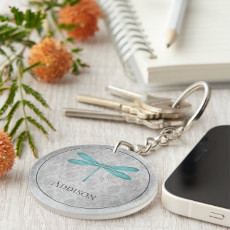 Teal Dragonfly Damask Keychain
