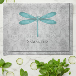 Teal Dragonfly Damask Kitchen Towel