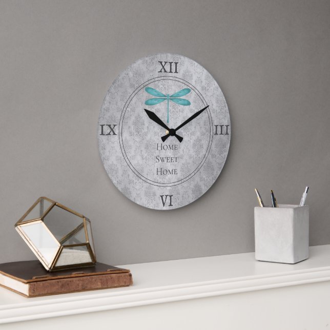 Teal Dragonfly Damask Large Clock (Office)