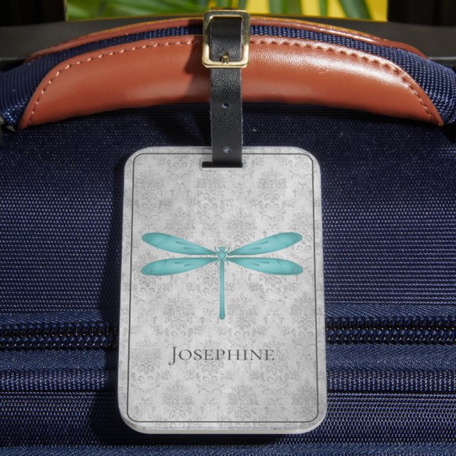 Teal Dragonfly Damask Luggage Tag (Front Insitu 2)