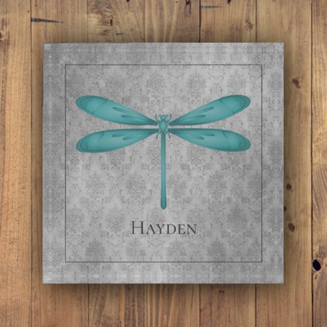 Teal Dragonfly Damask Paperweight (Teal Dragonfly Damask Personalized Paperweight)
