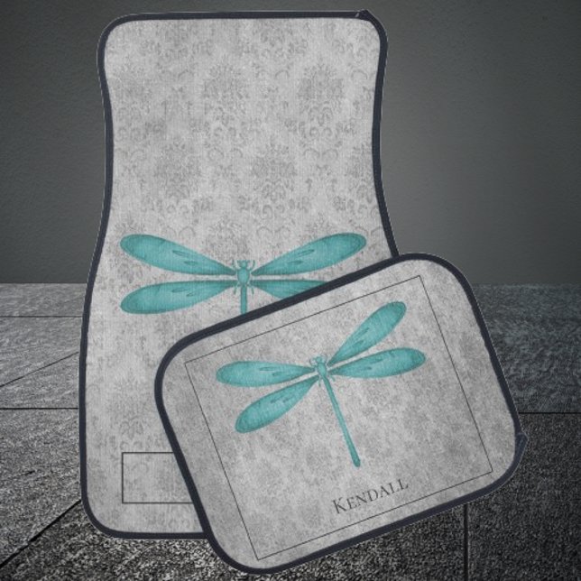 Teal Dragonfly Damask Personalized Car Floor Mat (Teal Dragonfly Damask Personalized Car Mats)