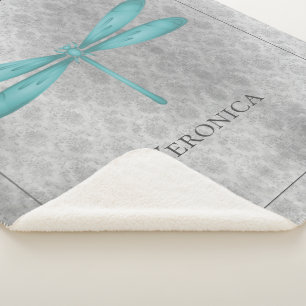 Teal Dragonfly Damask Personalized Sherpa Blanket