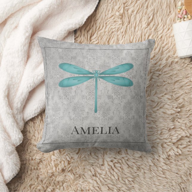 Teal Dragonfly Damask Personalized Throw Pillow (Blanket)