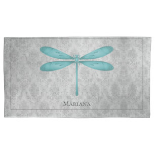 Teal Dragonfly Damask Pillow Case