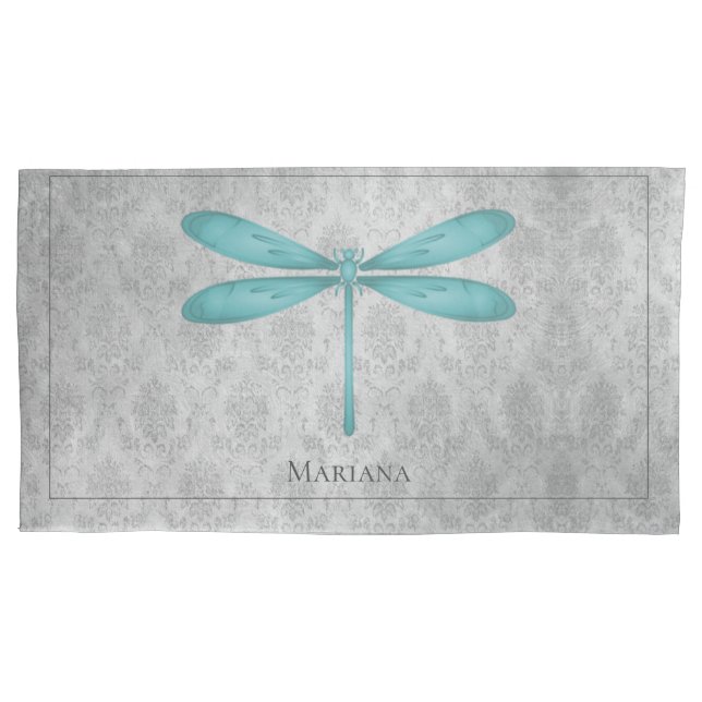 Teal Dragonfly Damask Pillow Case (Front)
