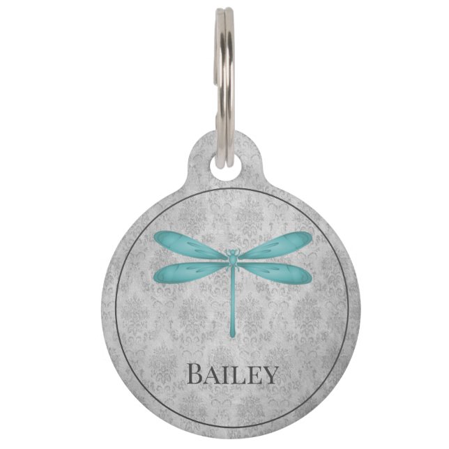 Teal Dragonfly Damask Round Pet Tag (Front)