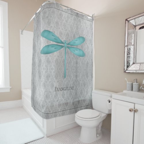 Teal Dragonfly Damask Shower Curtain