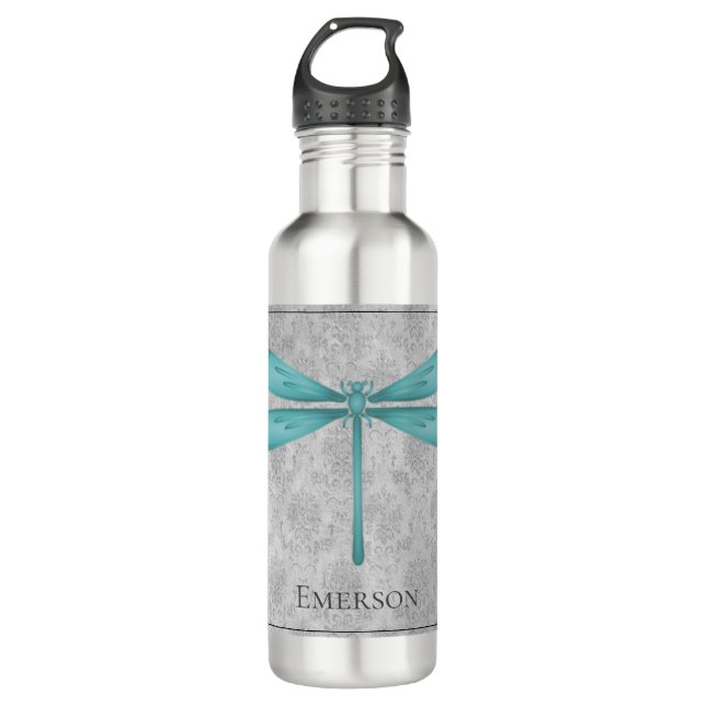 Teal Dragonfly Damask Stainless Steel Water Bottle (Front)