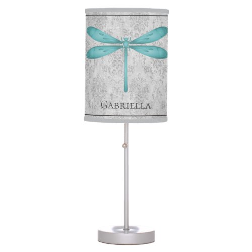 Teal Dragonfly Damask Table Lamp