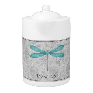 Teal Dragonfly Damask Teapot