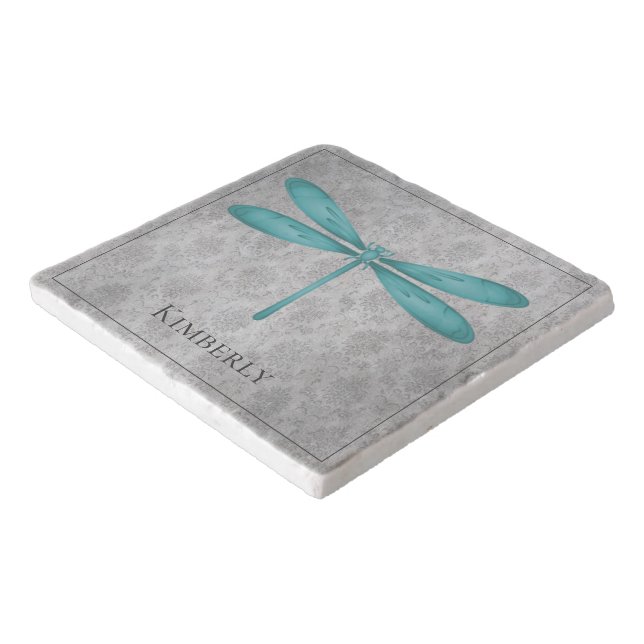 Teal Dragonfly Damask Trivet (Corner)