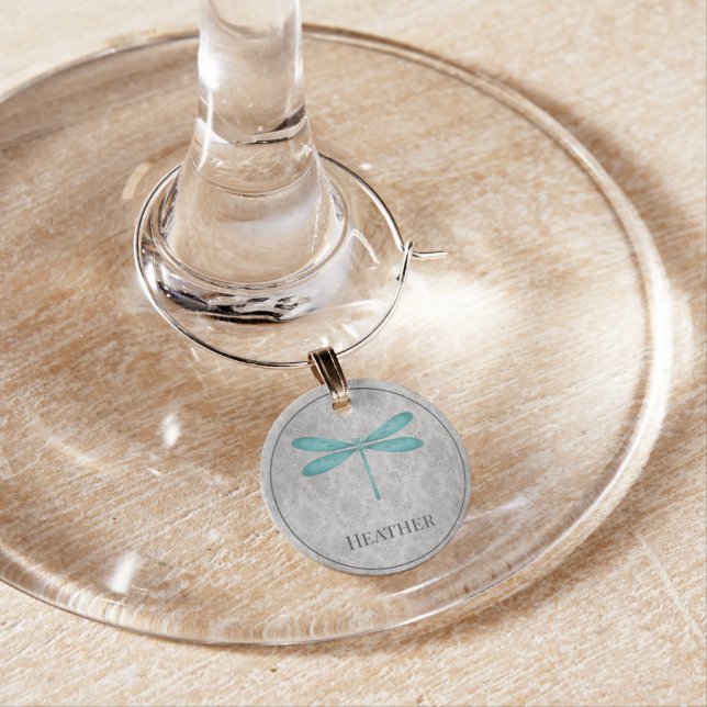 Teal Dragonfly Damask Wine Charm (In Situ)