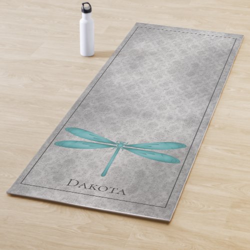 Teal Dragonfly Damask Yoga Mat