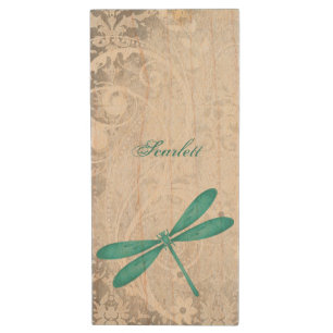 Teal Dragonfly Personalize Wooden Flash Drive
