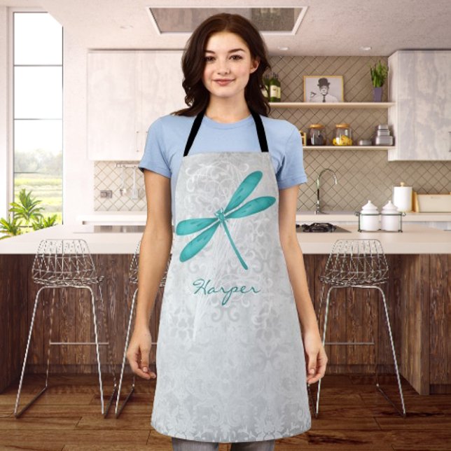 Teal Dragonfly Personalized All-Over Print Apron (Teal Dragonfly Personalized Apron)