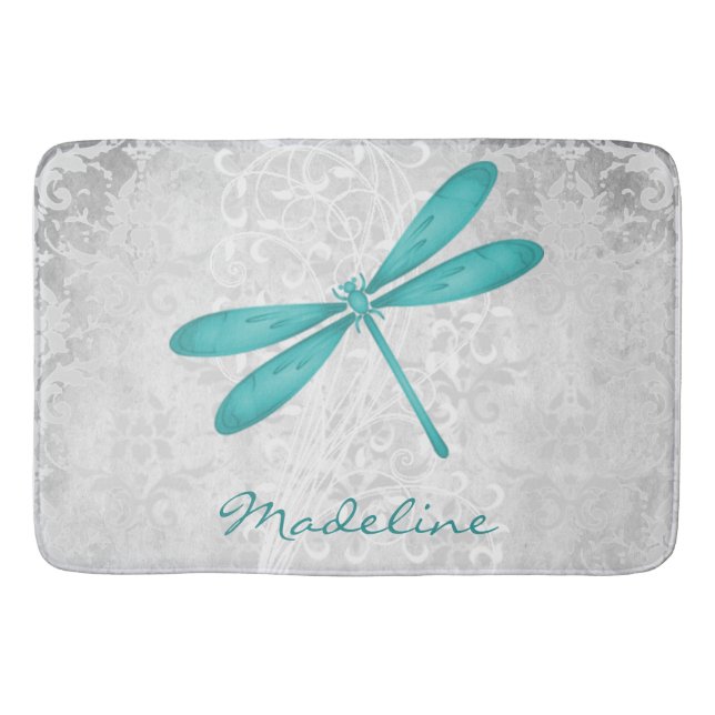 Teal Dragonfly Personalized Bath Mat (Front)